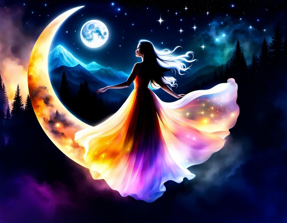 Ethereal Dancer in Moonlit Landscape: Watercolor Masterpiece