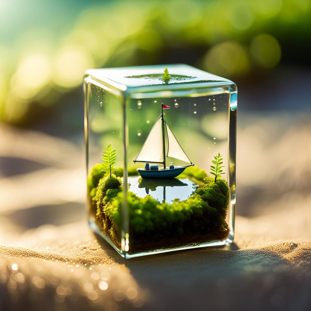 Miniature Glass Diorama with Sailboat, Macro Photography