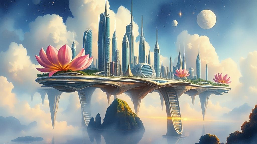 Floating Celestial City in Hyperrealistic Watercolor