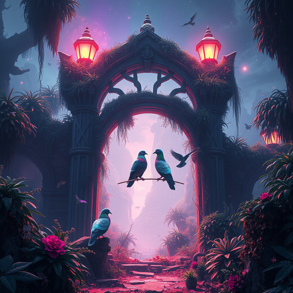 Iridescent Pigeons on Ruined Archway in Dreamlike Landscape