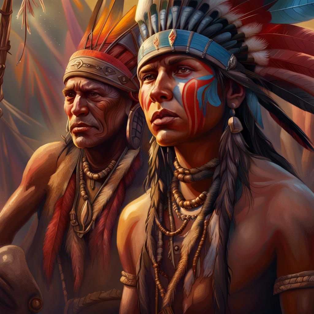 Native American Encampment in Hyperrealistic Splash Art