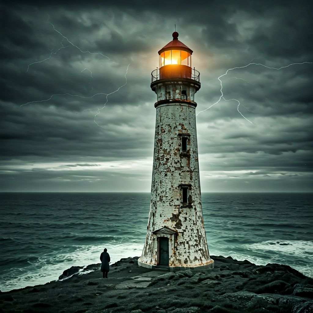 Lighthouse on Stormy Cliff in Black and White