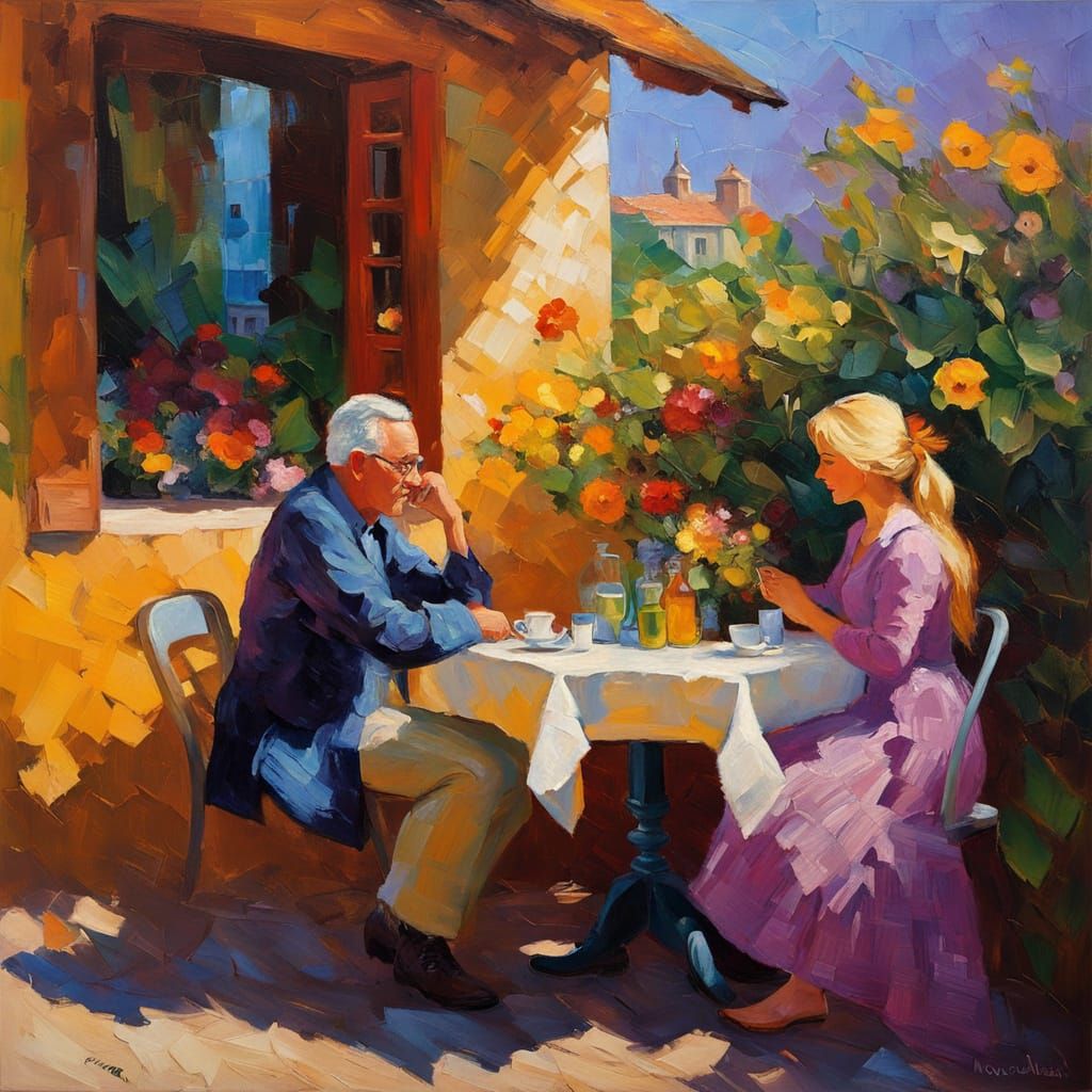 Sidewalk Cafe Scene in Post-Impressionistic Style