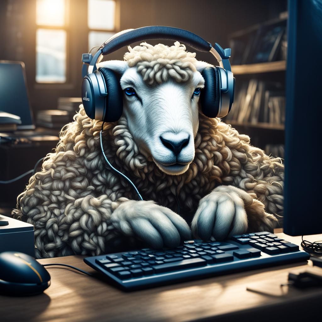 Hyperrealistic Gamer Sheep at Computer Workstation