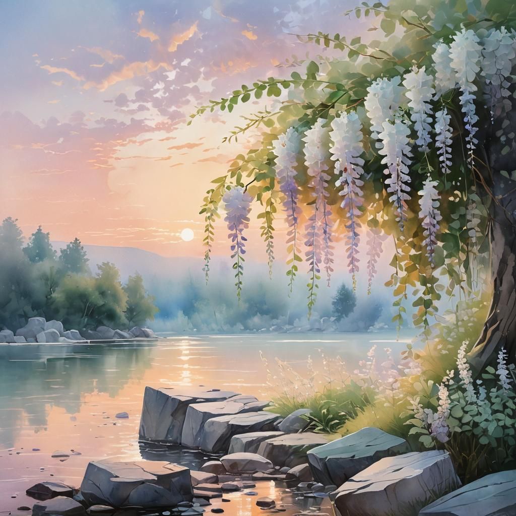 Wisteria on Lake Shore in Watercolor Style