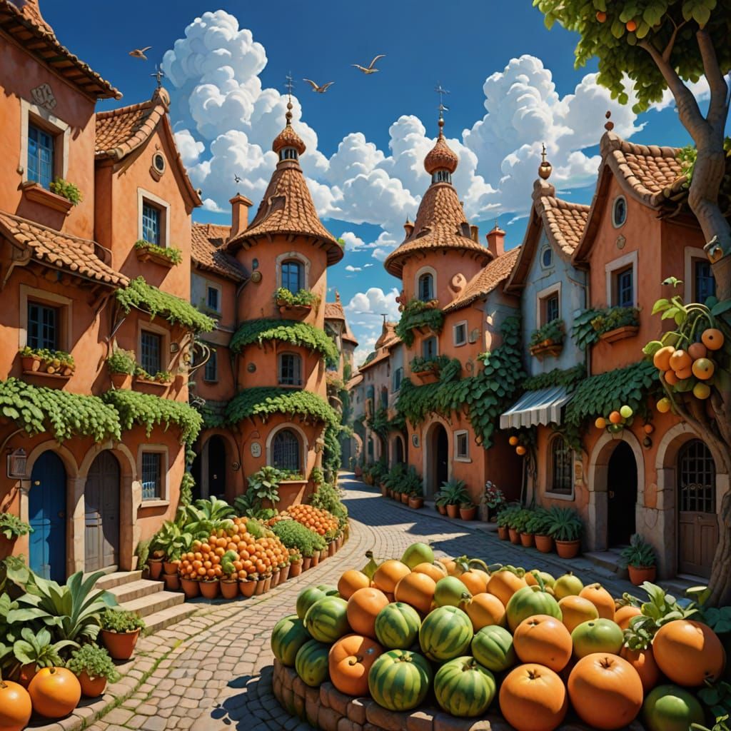 Fantasy Fruit Village in Whimsical Hyperrealism Style