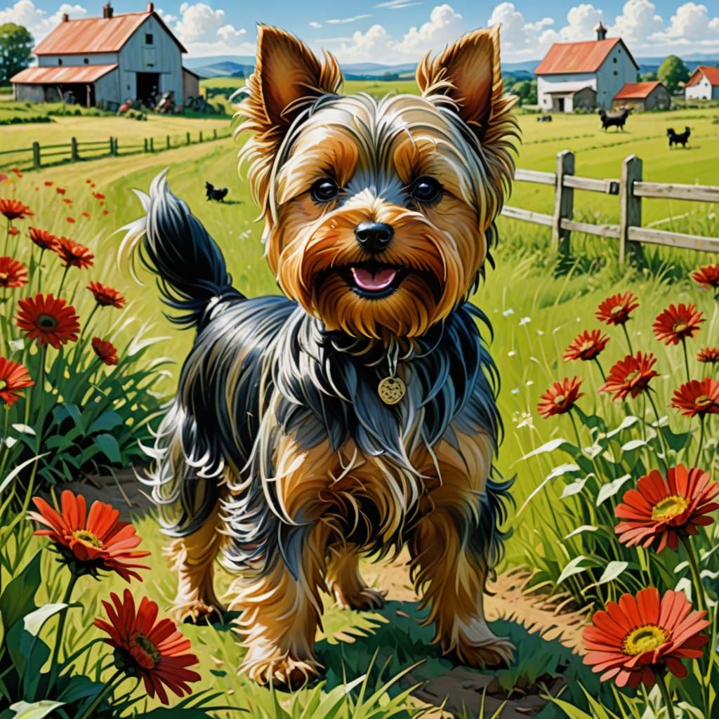 Yorkshire Terrier Plays in Summer Farm Field