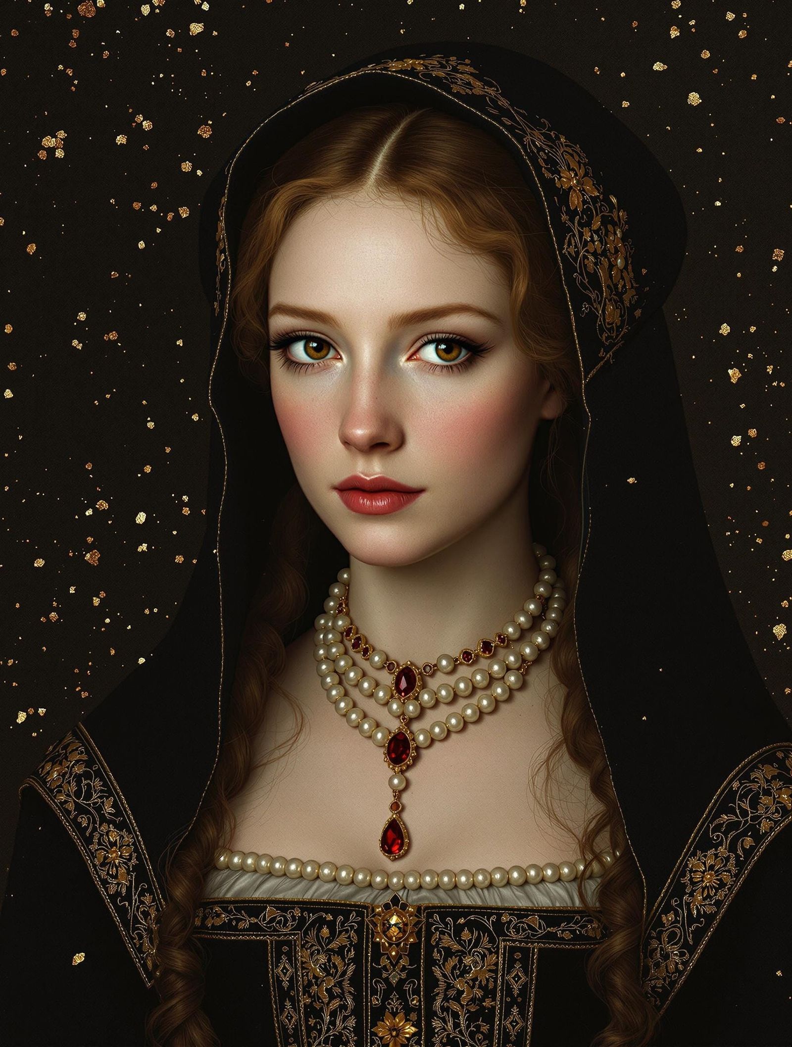 A Regal Renaissance Portrait in Opulent Gold and Velvet