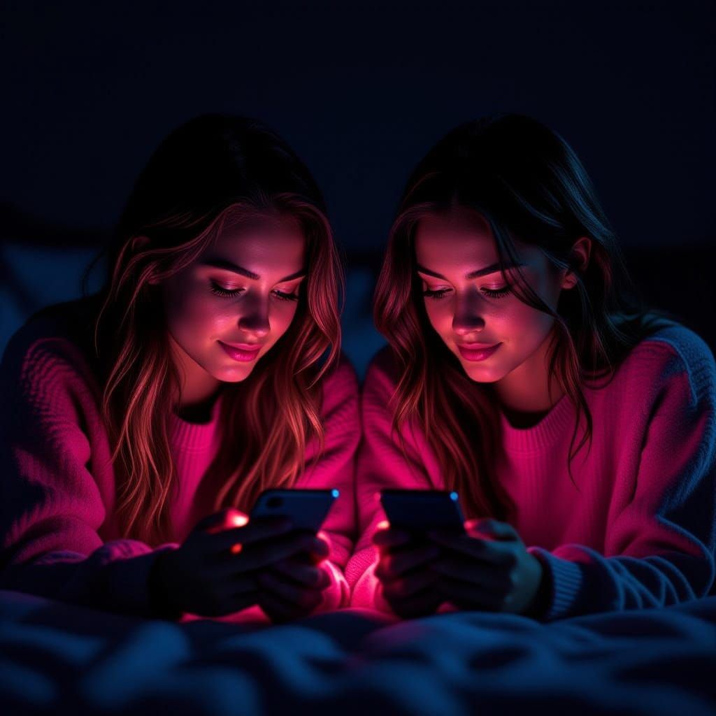 Best Friends Illuminated by Phone Glow in Moody Pink Light