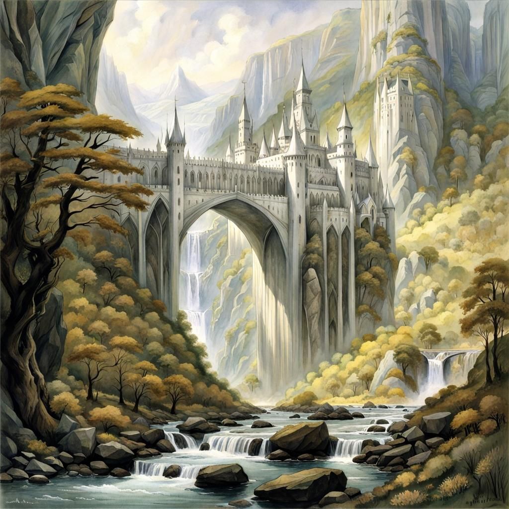 Rivendell Valley White Palace in Watercolor Style