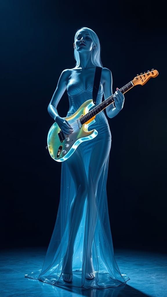 Surreal Goddess of Neon Dreams Plays Electric Guitar in Shim...