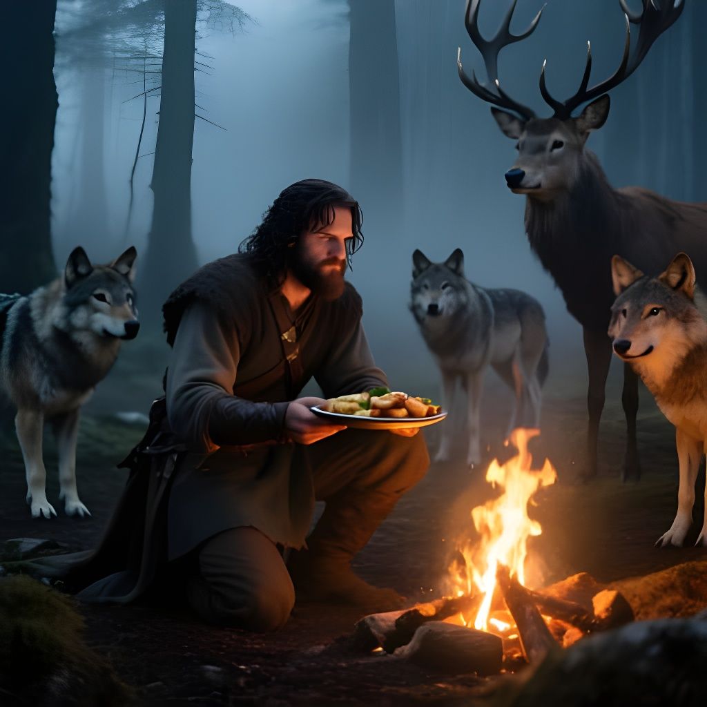 Aragorn Kneeling by Campfire in Misty Forest