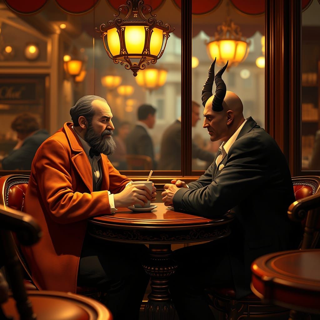 Vintage Paris Cafe Scene: God and the Devil in Heated Conver...