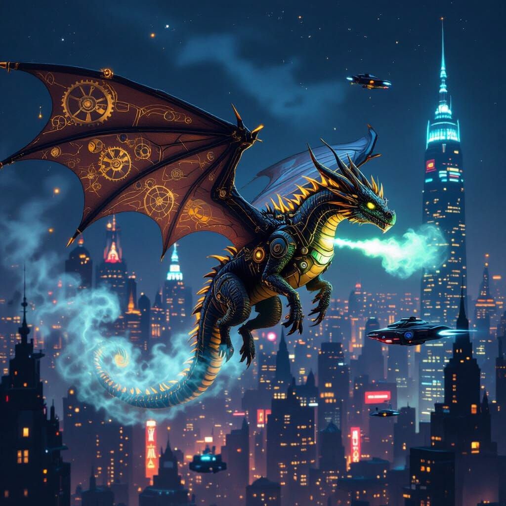 Bioluminescent Steampunk Dragon Over Neon Cityscape