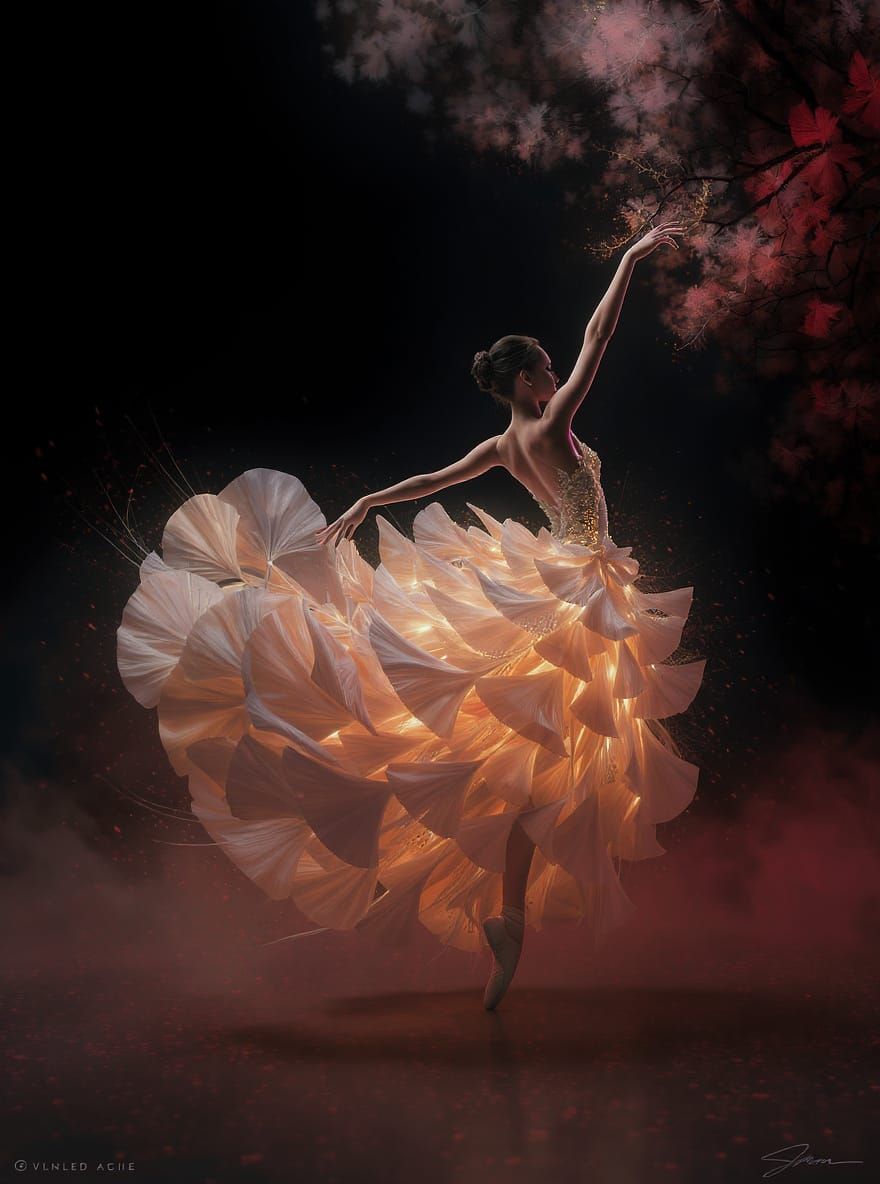 Luminous Ballerina with Ginkgo Gown in Abstract Naturalism