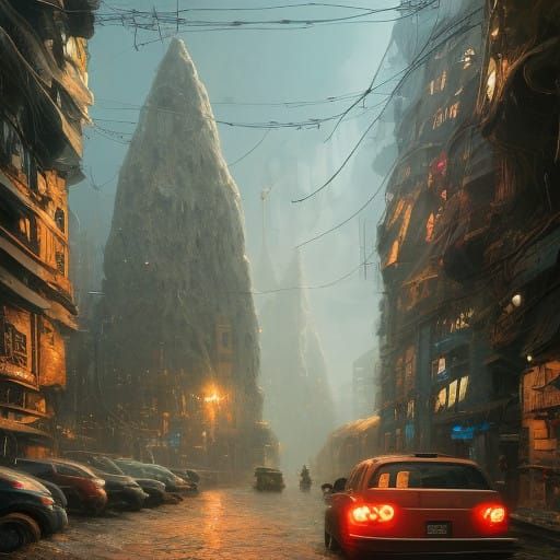 Urban Oasis: Glowing Baobab Tree in Dreamlike Cityscape