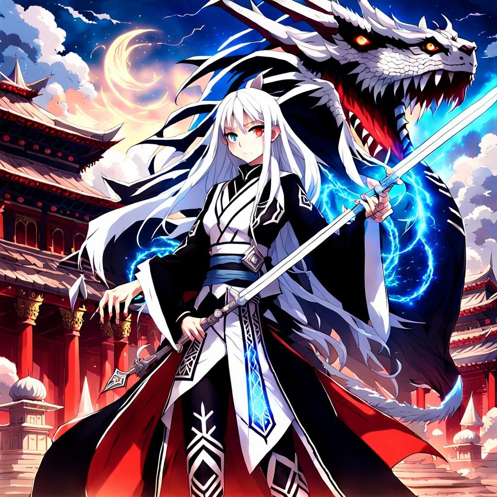 Anime Spellcaster with Dragon Sword and Palace