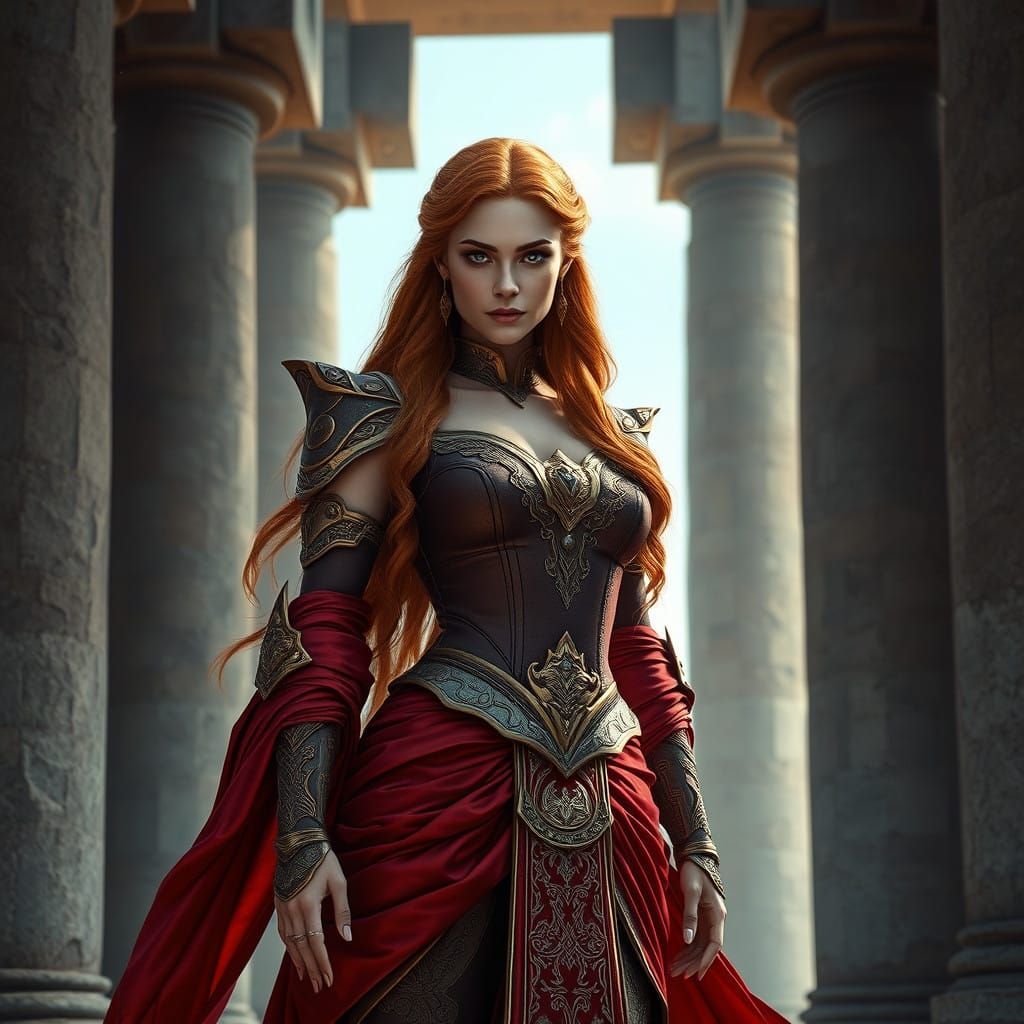 Elegantly Clad Regal Woman Against Ancient Stone Pillars