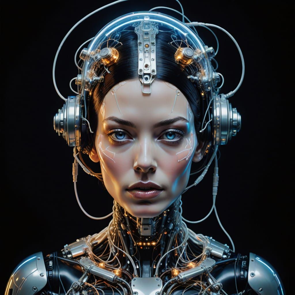 Cyborg Astronaut Woman in Neon-Lit Cyberpunk Portrait