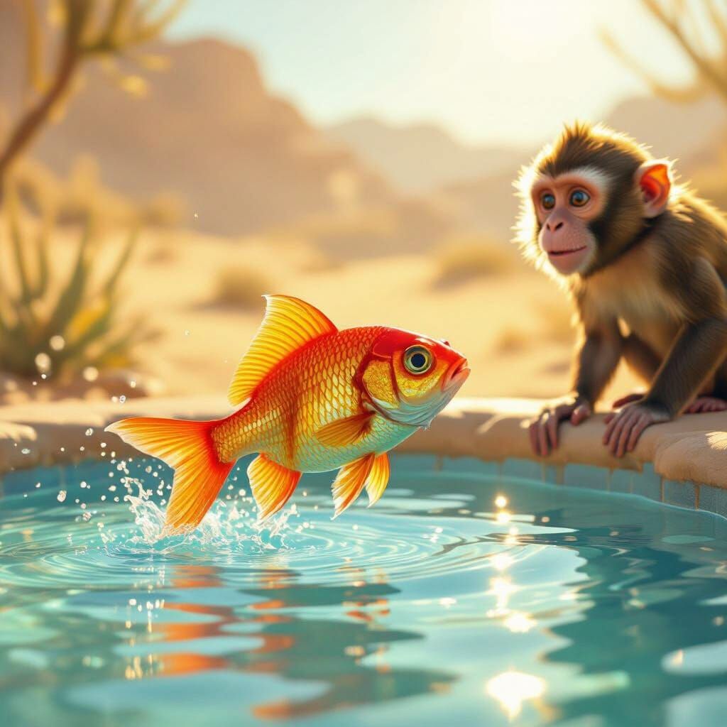 Energetic Fish in Pool Watched by Monkey