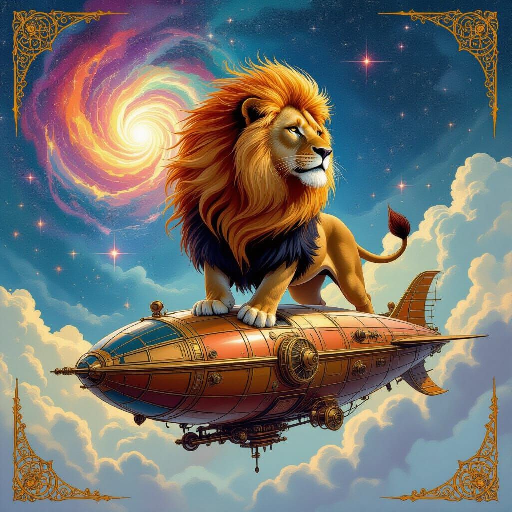 Nebula Mane Lion on Steampunk Airship in Cosmos