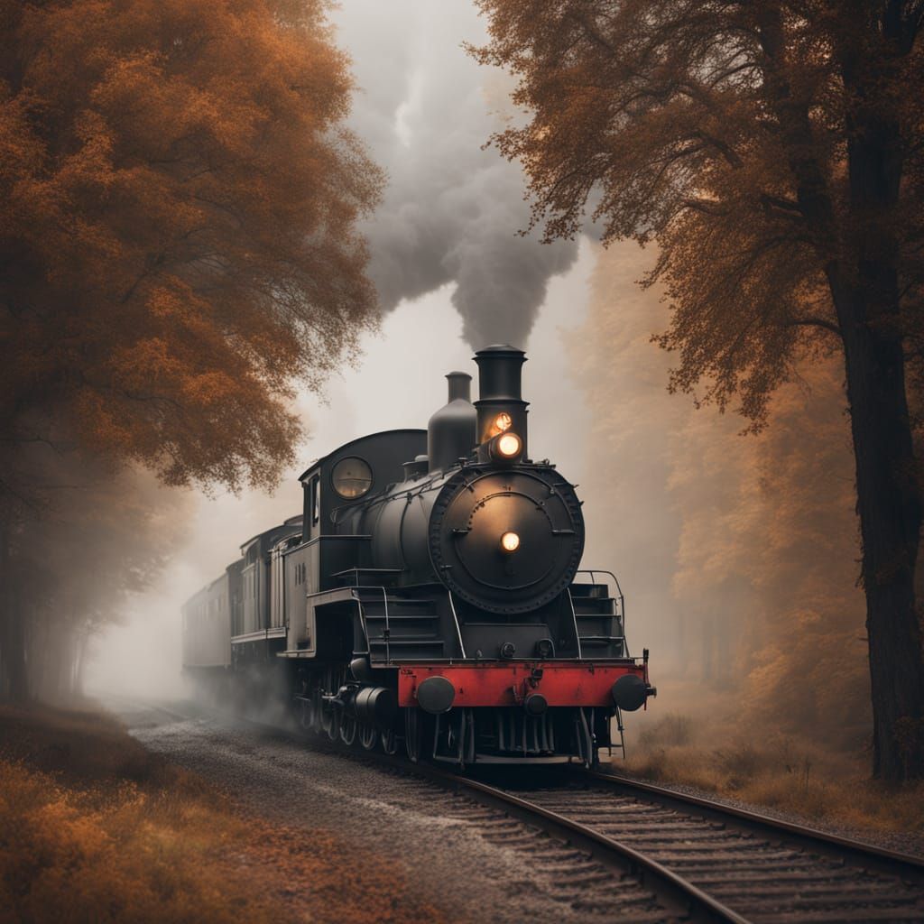 Vintage Steam Engine Train in Foggy Landscape