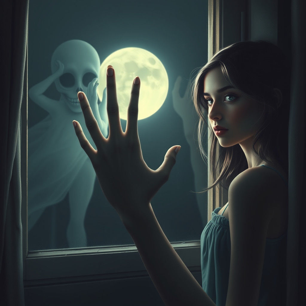 Eerie Woman at Window with Spectral Hand