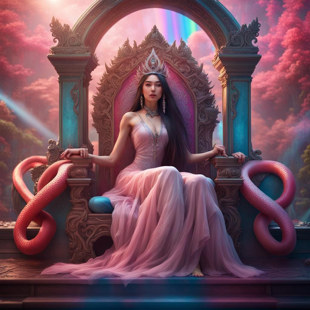 Asian Queen on Rainbow Throne: Detailed Digital Painting