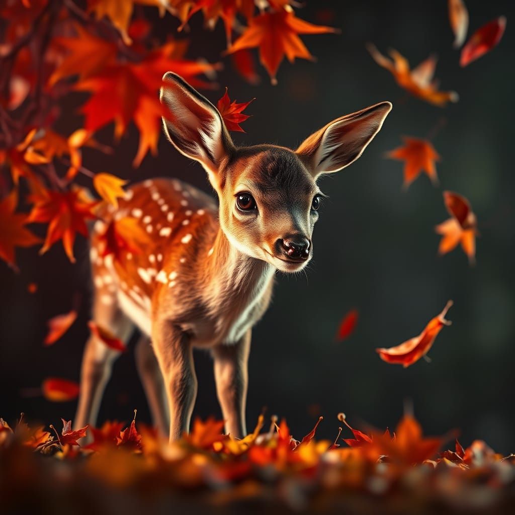 Fawn Playing With Autumn Leaves in Enchanted Forest