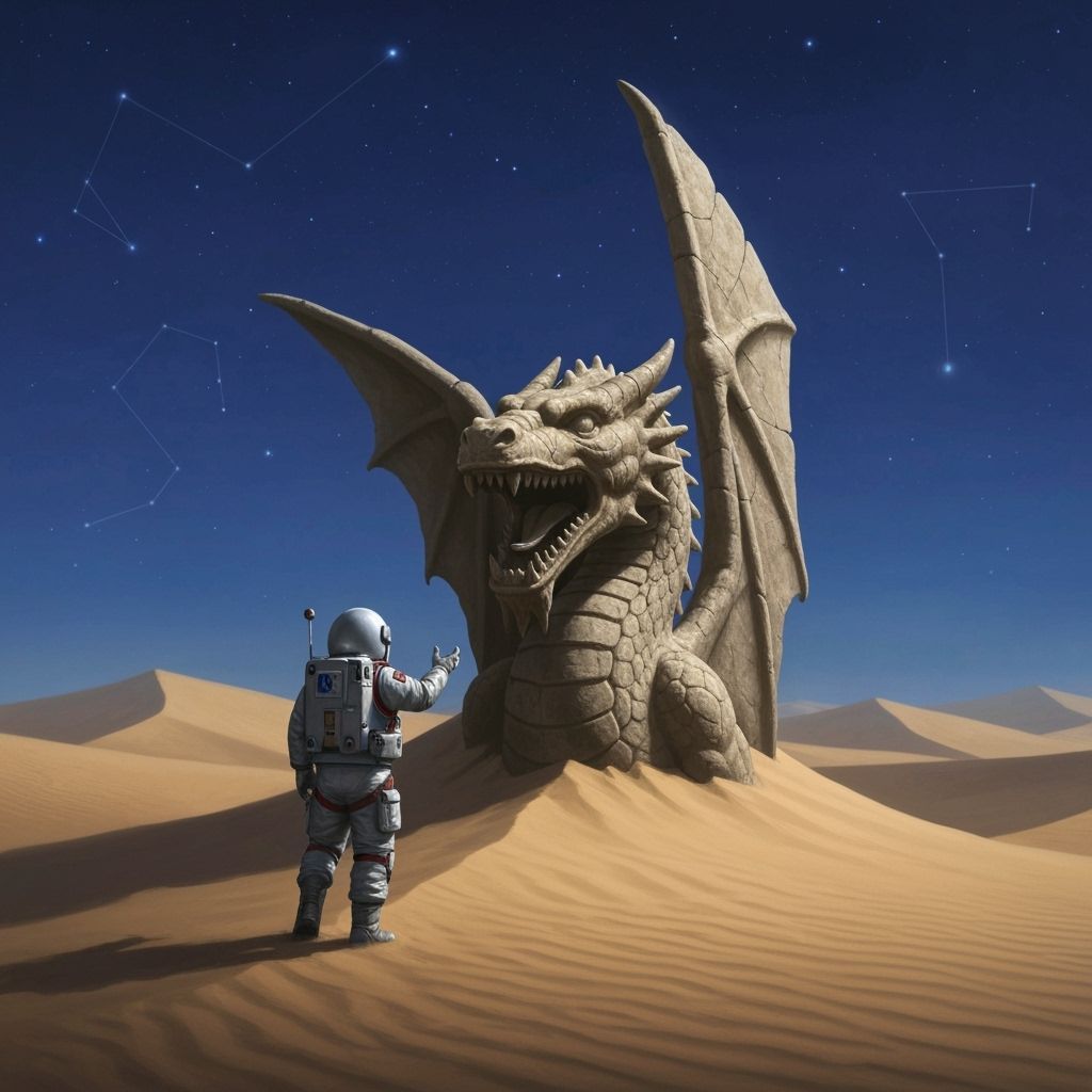 Astronaut and Colossal Stone Dragon on Desert Planet