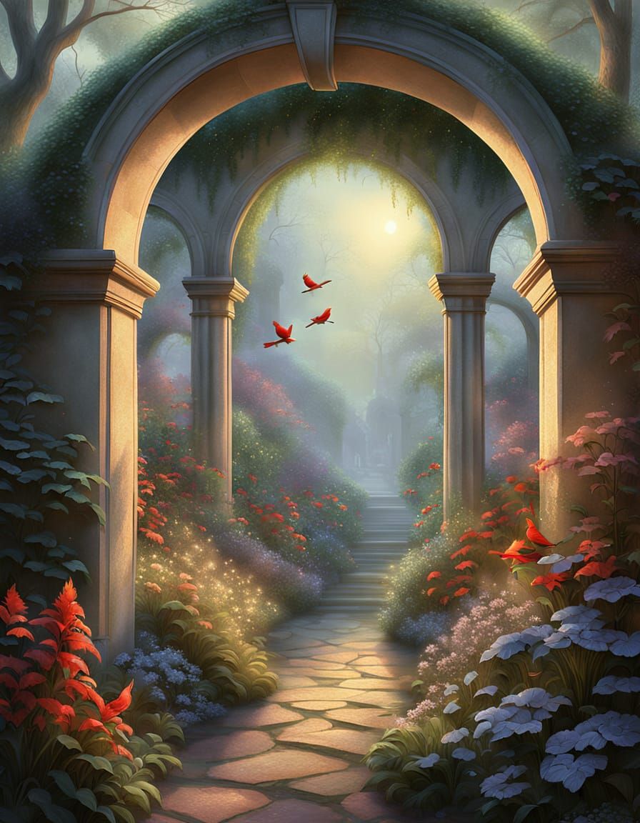 Ethereal Garden With Cardinals Through Arched Portal