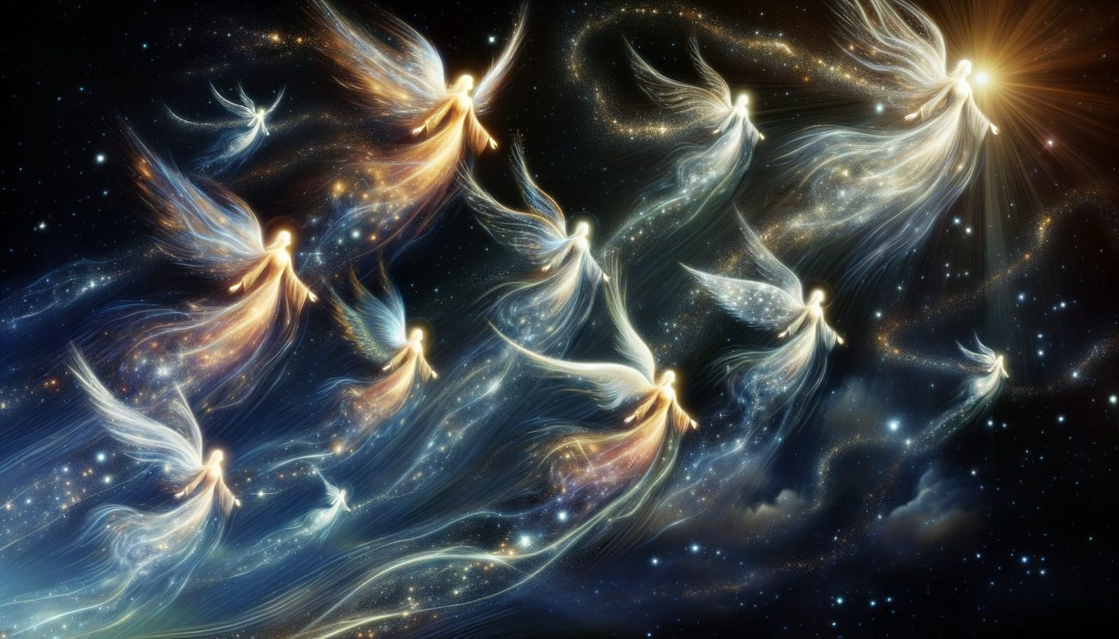 Divine Light Messengers Traversing Starry Night Sky