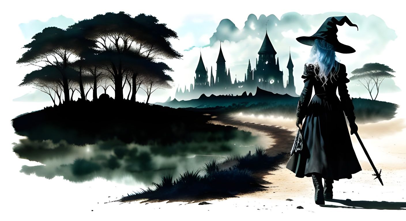 Dark Fantasy Witch on Path to Town