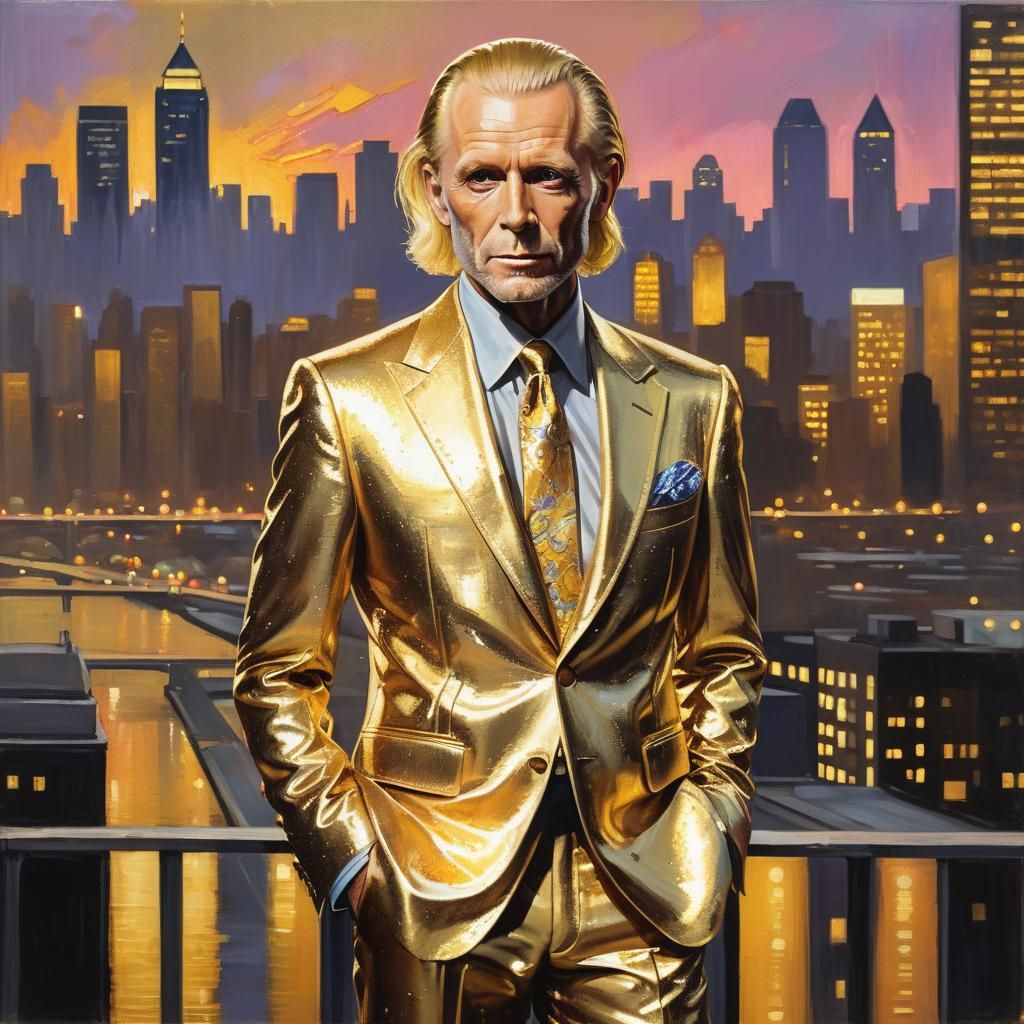 Singer in Gold Suit, Vibrant Oil Painting