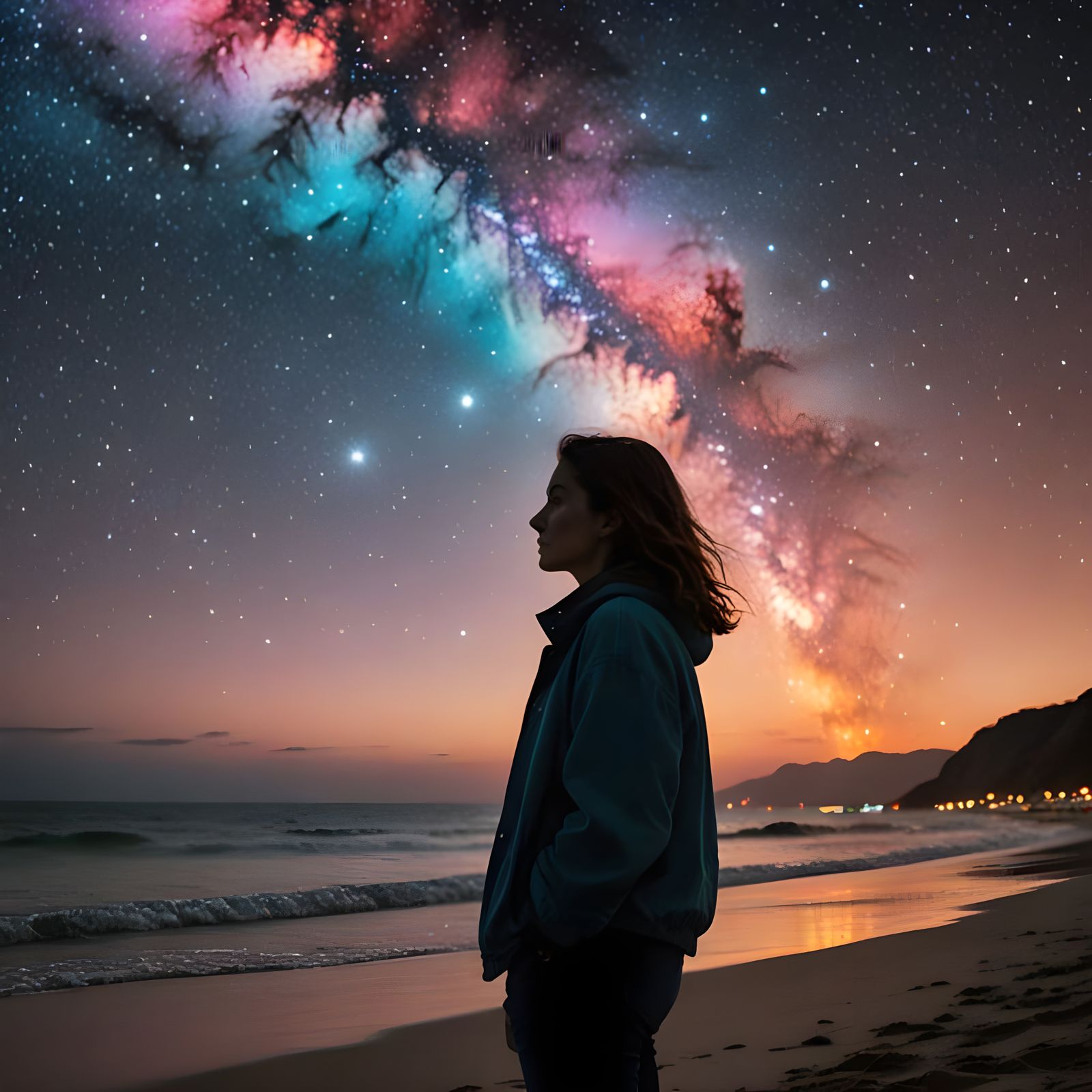 Woman on Beach with Nebula Sky