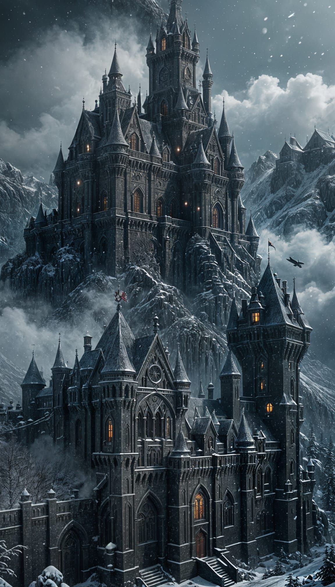 Frostpunk Fairytale Castle with Guards in Deep Colors
