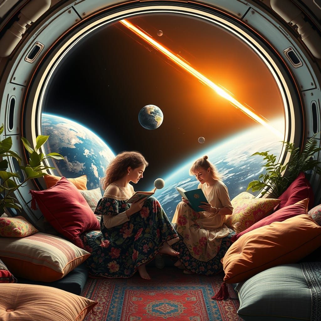 Mother and Child in Futuristic Bohemian Spaceship