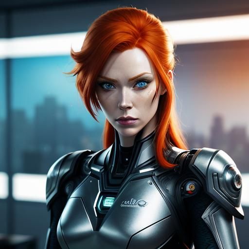 Futuristic Ginger Cyborg in Office: Hyperrealistic Splash Ar...