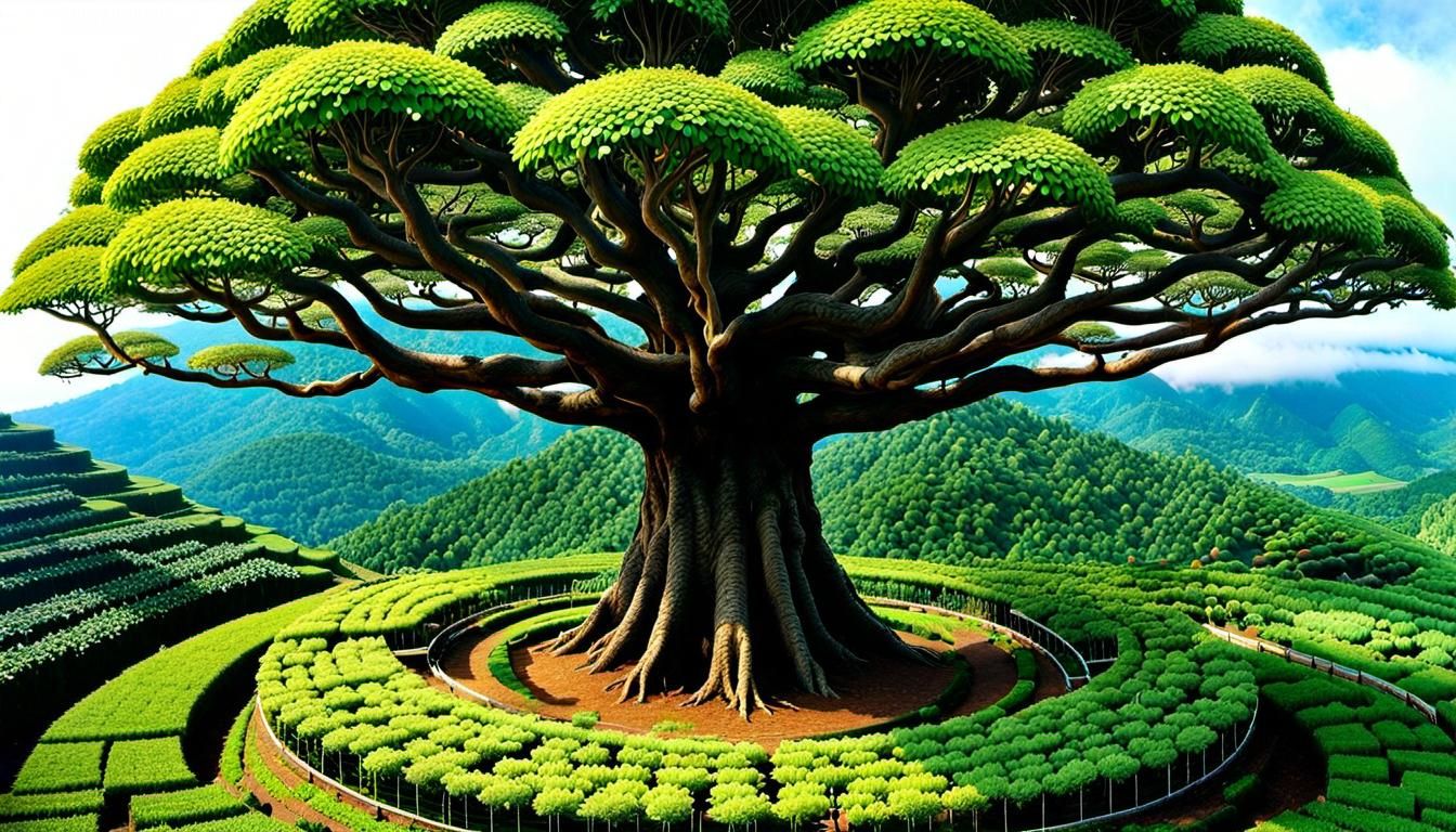 Biophilic Permaculture: Giant Tree in Solarpunk Landscape