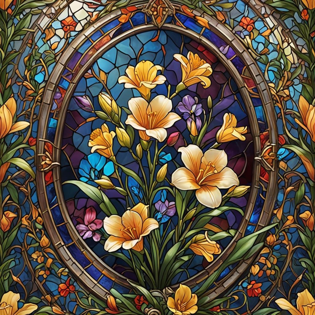 Freesia Flower in Stained Glass Fantasy Art