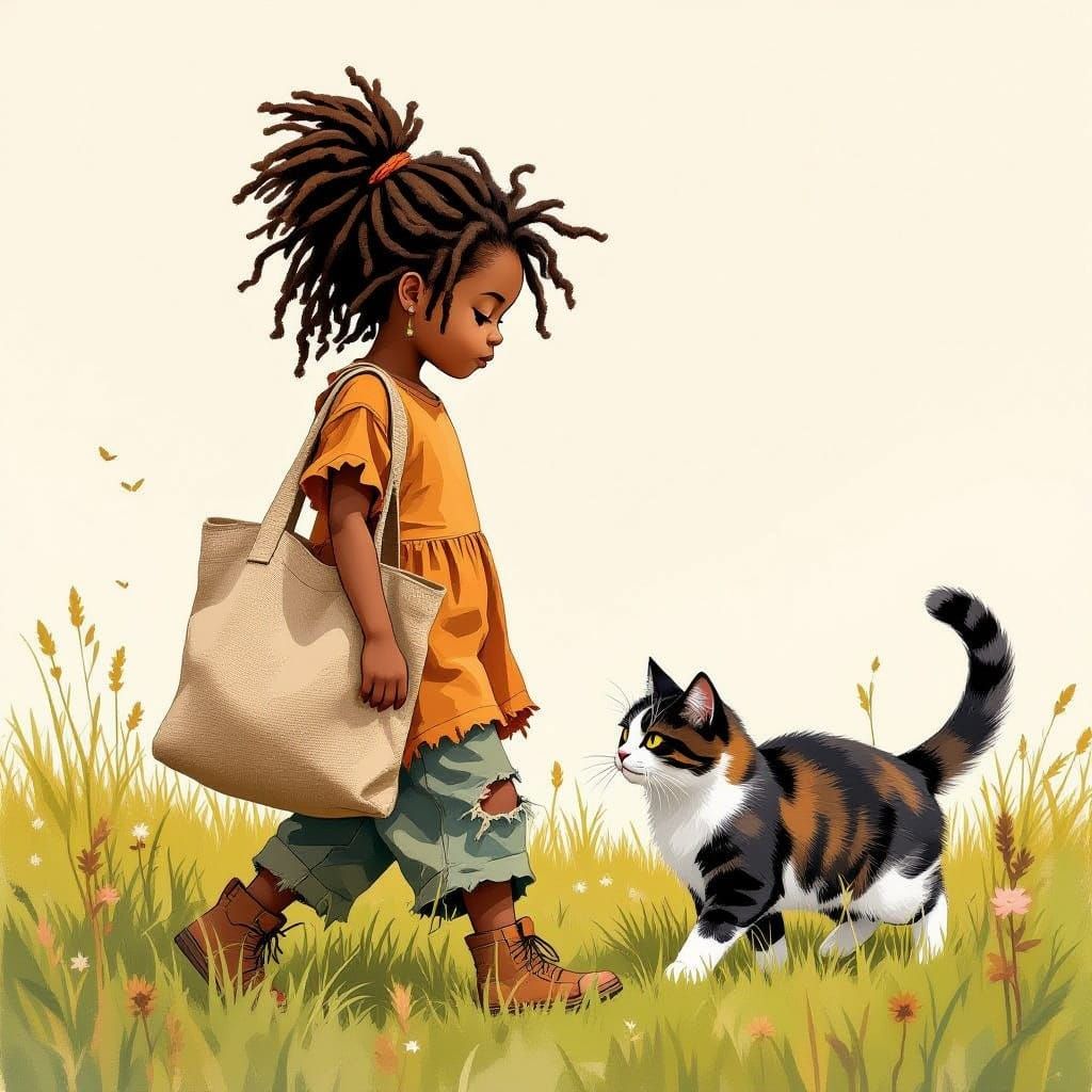 Girl with Cat in Grassy Meadow: Fantasy Ink Art