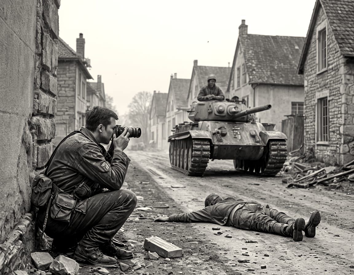 War Reporter Captures Panzer in Destroyed Village