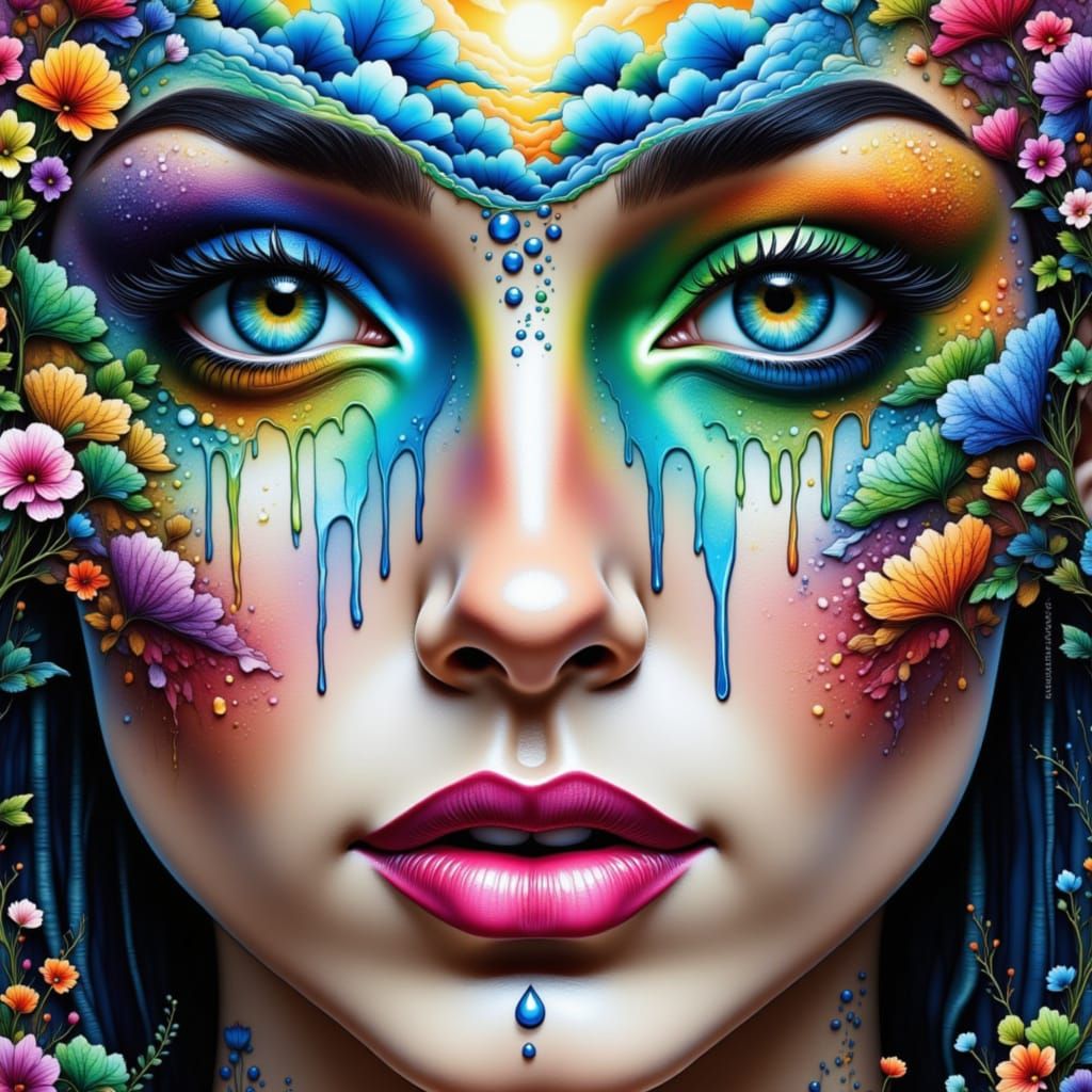 Waterfall Face Paint Portrait in Hyperrealistic Mural Style