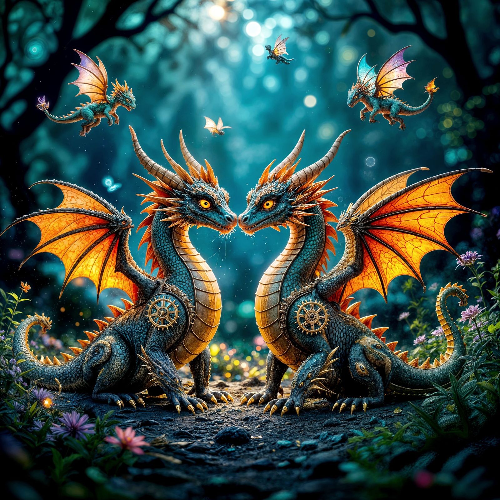 Clockwork Dragons Family in Bioluminescent Realm