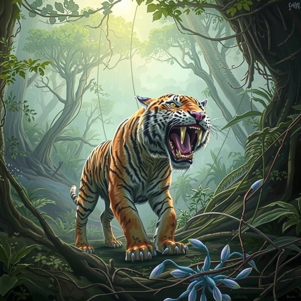 Majestic Saber-Toothed Tiger in Dreamlike Watercolors