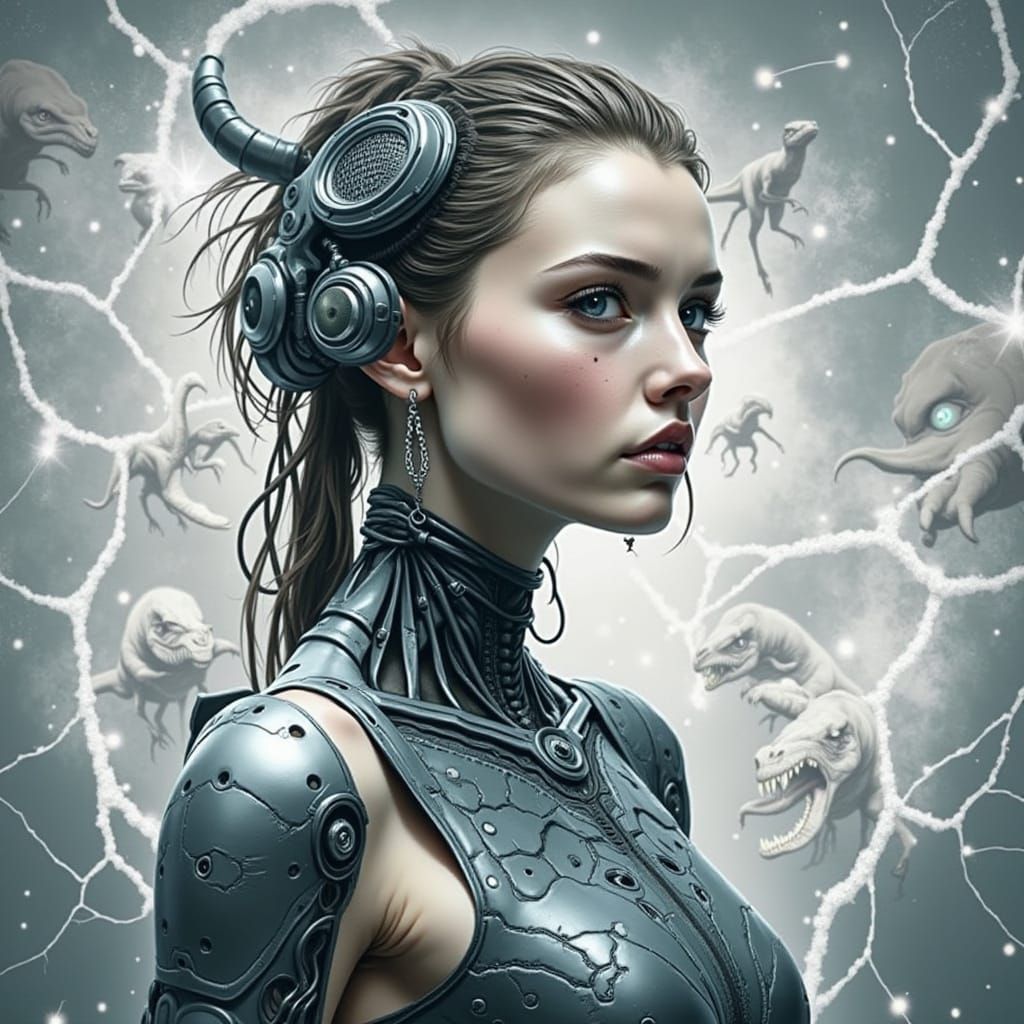 Cyborg Woman Trapped in Prehistoric Predator Web