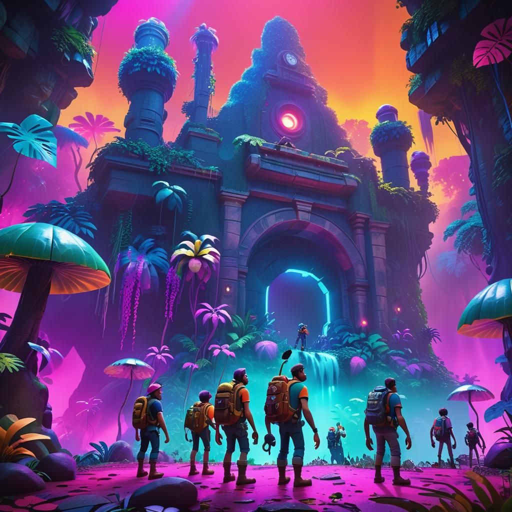 Adventurers in Lush Jungle, Pixar-Style 3D Art