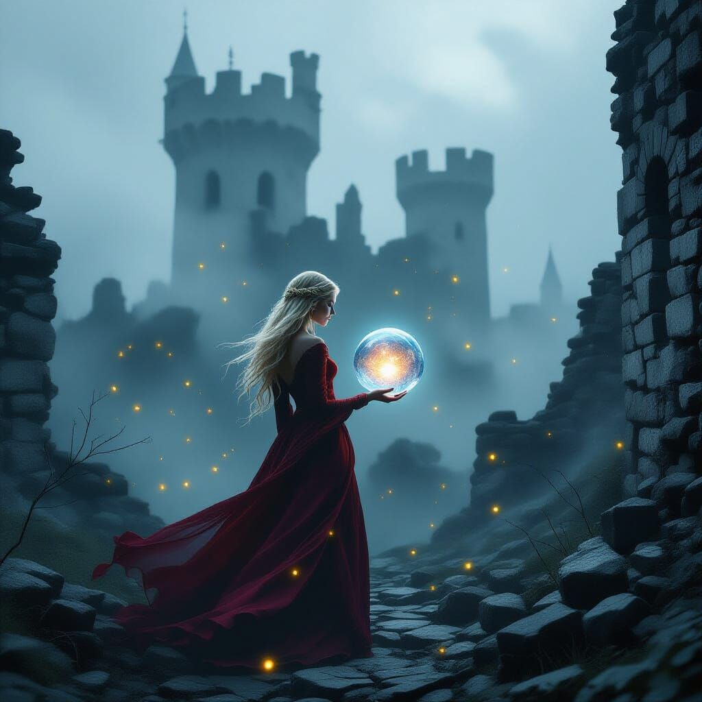 Norse Goddess with Crystal Orb in Ruins