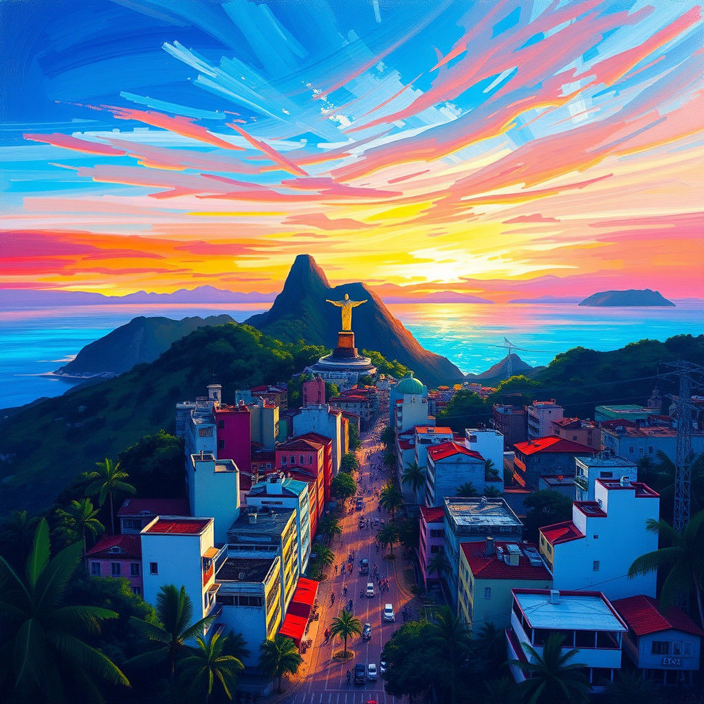 Rio de Janeiro Sunset in Impressionist Style