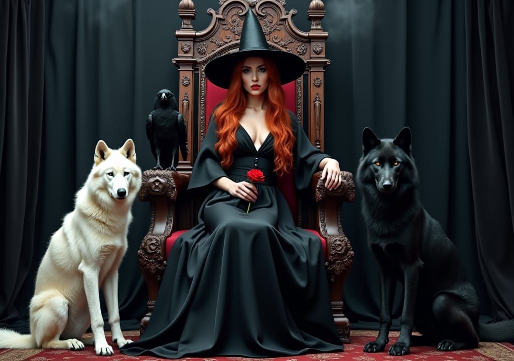Gothic Witch Queen on Throne with Raven